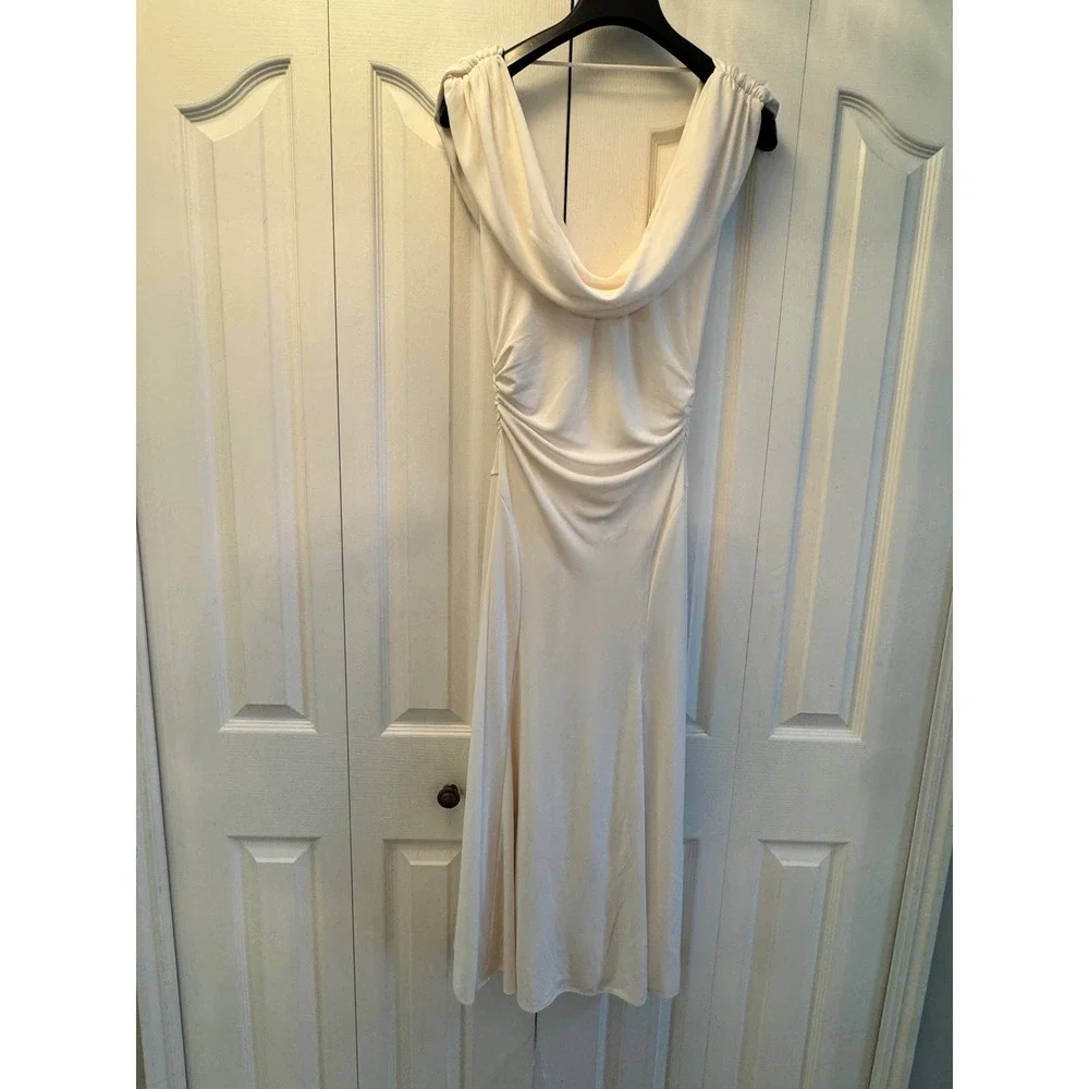 Cinq a Sept Carino Dress Ivory Cowl Neck Ruched Midi ZD29742741Z New Size 8 - Picture 2 of 12